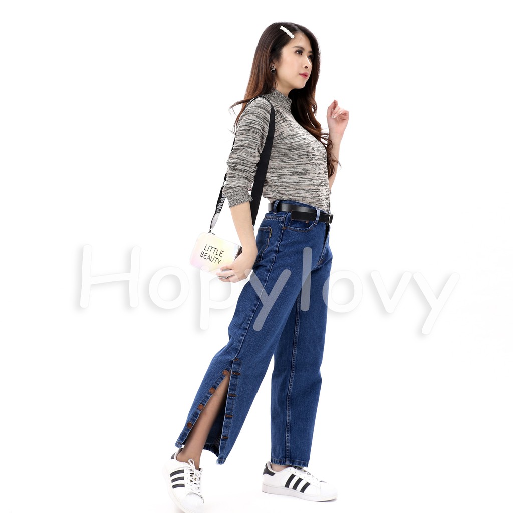 HOPYLOVY - Celana Boyfriend Jeans Wanita Model Kulot Kancing Samping Arabela