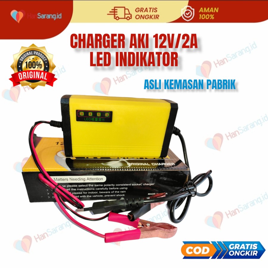 Charger Carger Cas Casan Mobil Motor Otomatis AKI Kering Basah 12V 2A