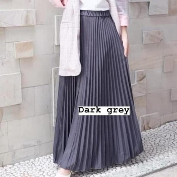 ROK PLISKET MURAH PRISKET PLEATED SALE POLOS REMPEL MUSLIMAH SKIRT ABG FLARE SKIRT MAYUNG FLOWY-DARK GREY