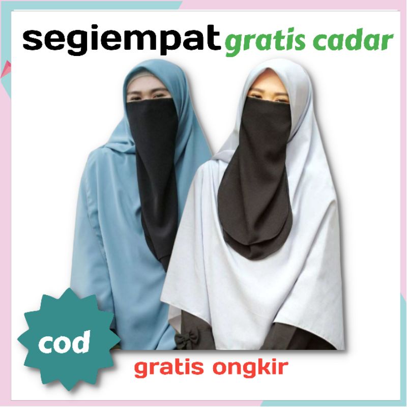 Hijab Jilbab Kerudung Segiempat Polos Ukuran 130x130 cm Gratis Set Cadar Tali Dua Layer Bahan Diamond Crepe