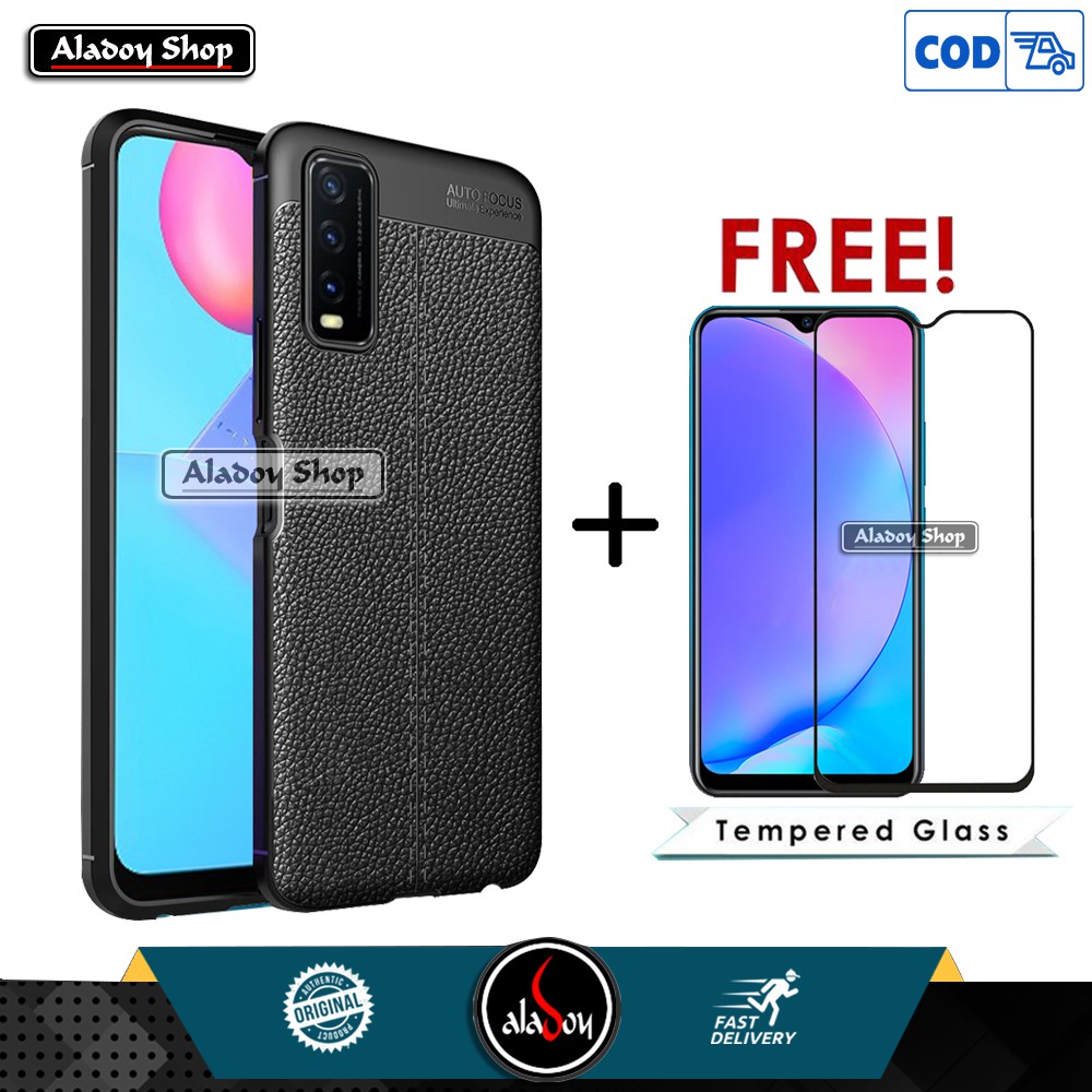 PROMO Case VIVO Y12S Softcase Auto Focus Leather Premium Casing + Tempered Glass Anti Gores Full