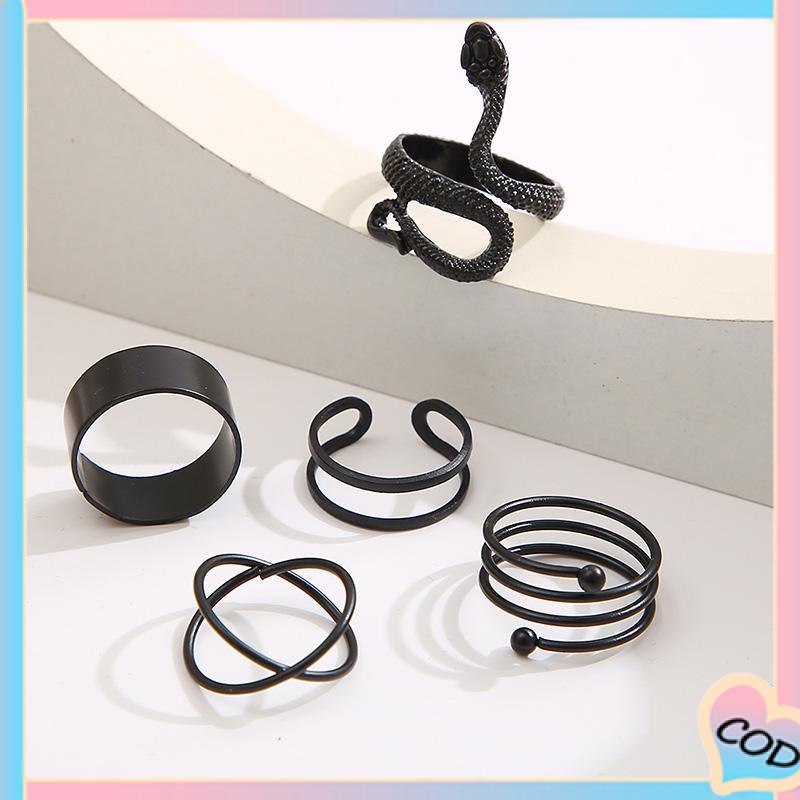 COD❤️ 5PCS kreatif ms. Jane cincin wanita menggabungkan cincin ular hitam geometri-A.one