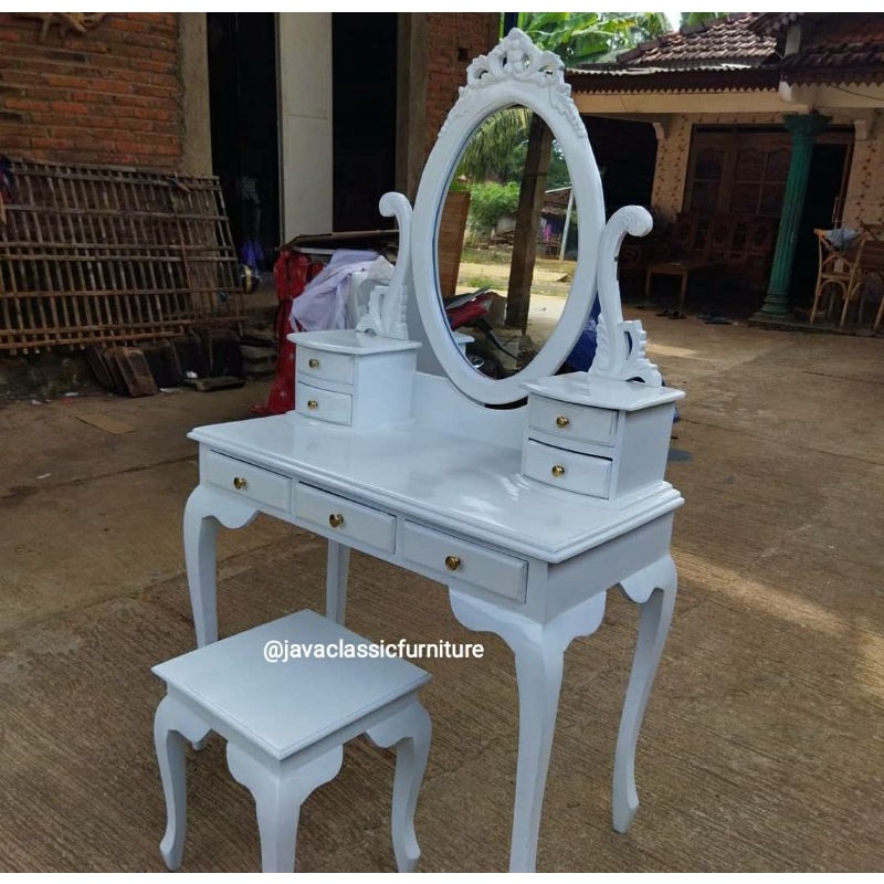 TOLET MEJA RIAS KARTINI FINISHING CAT DUCO PUTIH + KACA DAN PUK DUDUKAN MURAH KAYU JATI PRODUKSI FURNITURE JEPARA-2