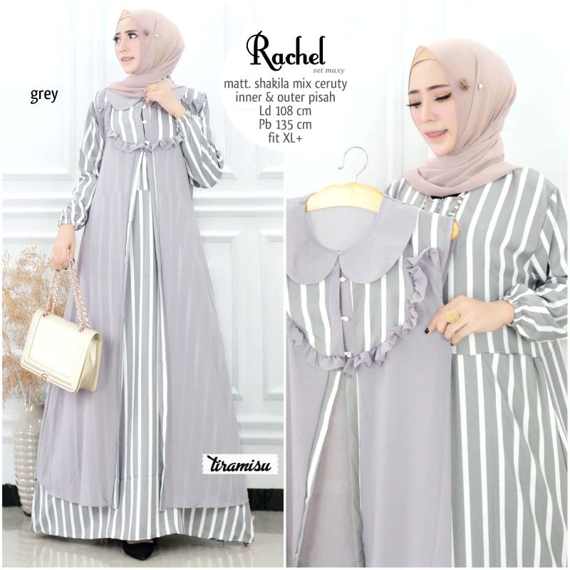 SET GAMIS SHAKILA PREMIUM MOTIF GARIS+ OUTER CERUTI BABYDOLL RACHEL BY TIRAMISU