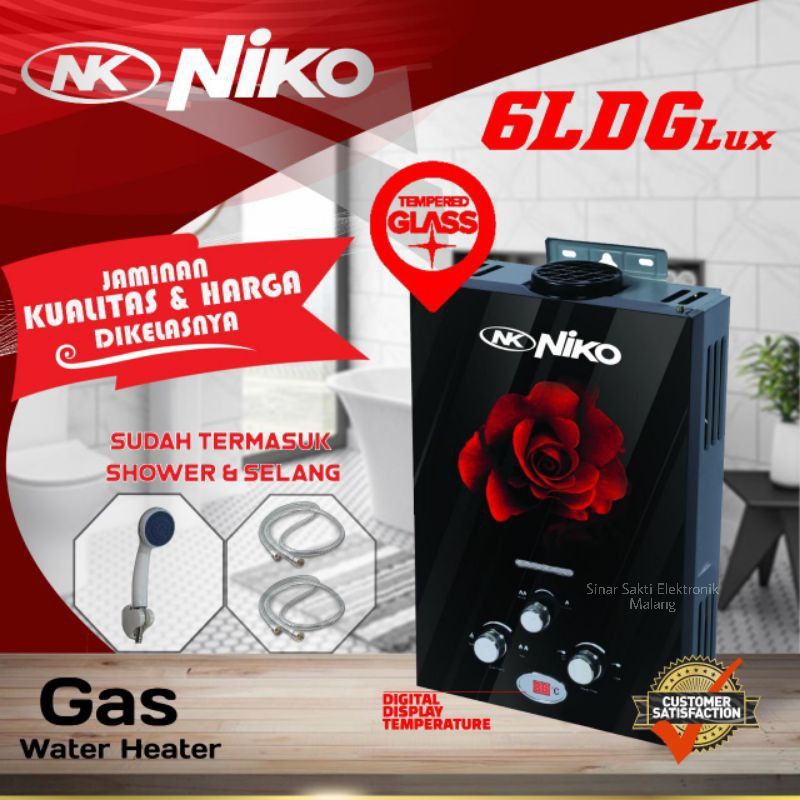 Niko Gas Water Heater Pemanas Air NK 6LDG Lux Tempered Glass Digital Malang