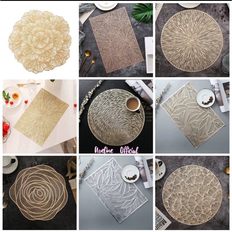 AVELINE PLACEMAT PVC / GRATO Placemat Waterproof PVC / TATAKAN PIRING PVC BULAT EMAS SILVER ROSEGOLD