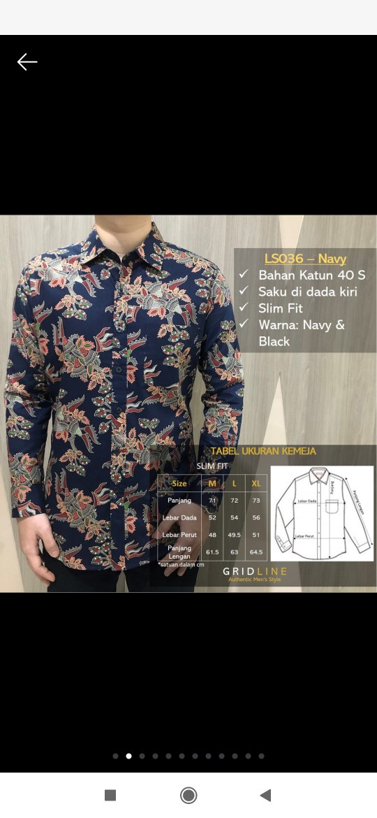 [gridline - Ls047 & Ls036 - Black & Navy] Kemeja Batik Pria Katun Lengan Panjang Slimfit Matching