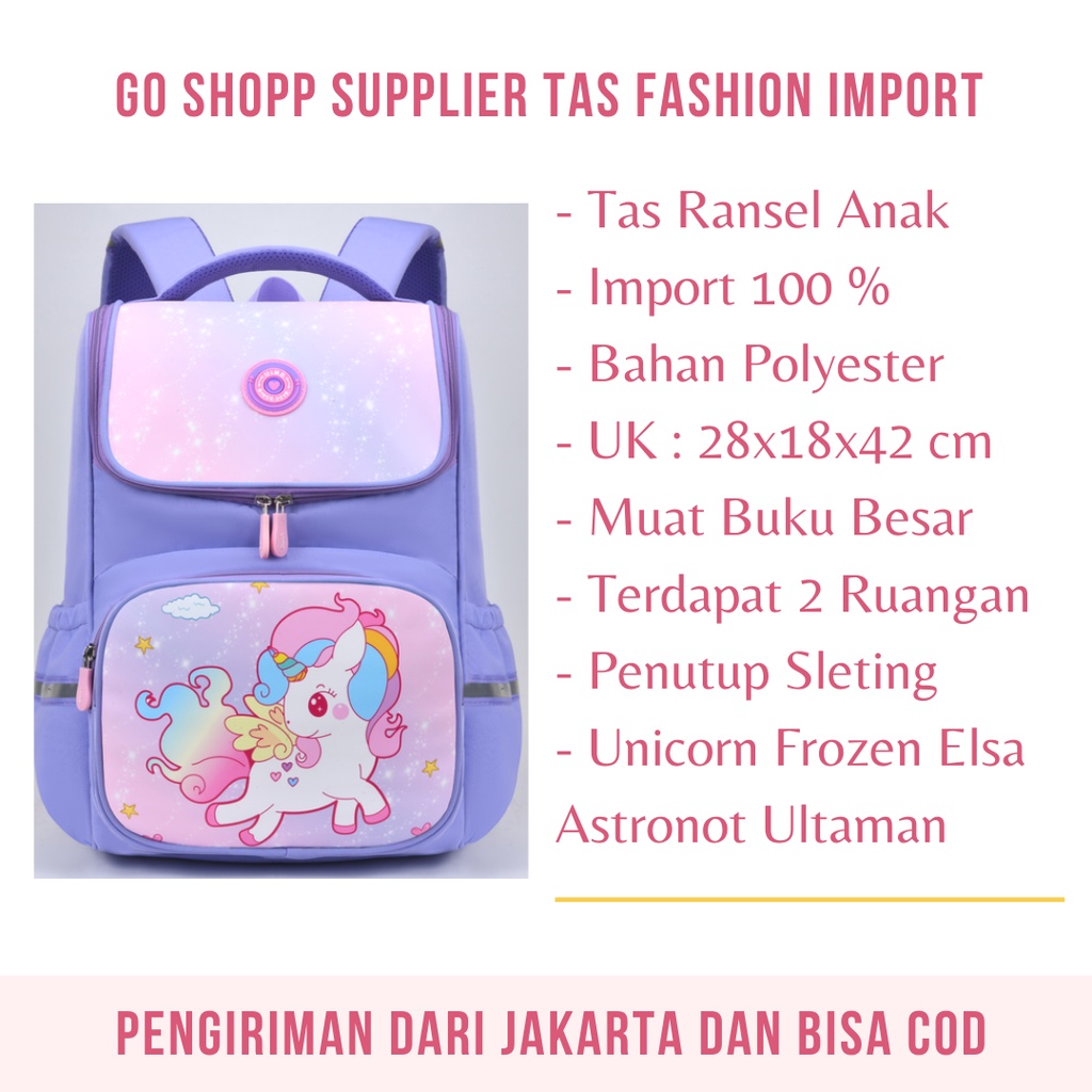 Tas Sekolah Anak Import Premium High Quality Terbaru - Tas Ransel Anak Besar Motif Karakter Lucu - Tas Backpack Anak Sekolah SD - Tas Anak Karakter Unicorn Frozen Elsa - Tas Anak Karakter Astronot Ultraman - Backpack Anak Sekolah Unisex - BK15