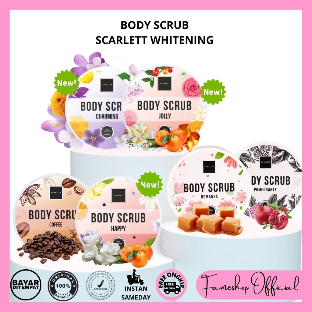 FAMESHOP - SCARLETT WHITENING BODY SCRUB / Lulur Badan / Romansa, Pomegranate &amp; Coffee