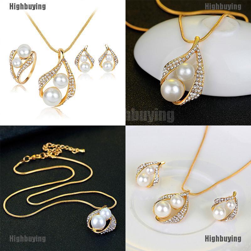 Set Perhiasan Wanita,Kalung Rantai Liontin + Anting Tusuk Gantung + Cincin Aksen Kristal + Mutiara Imitasi