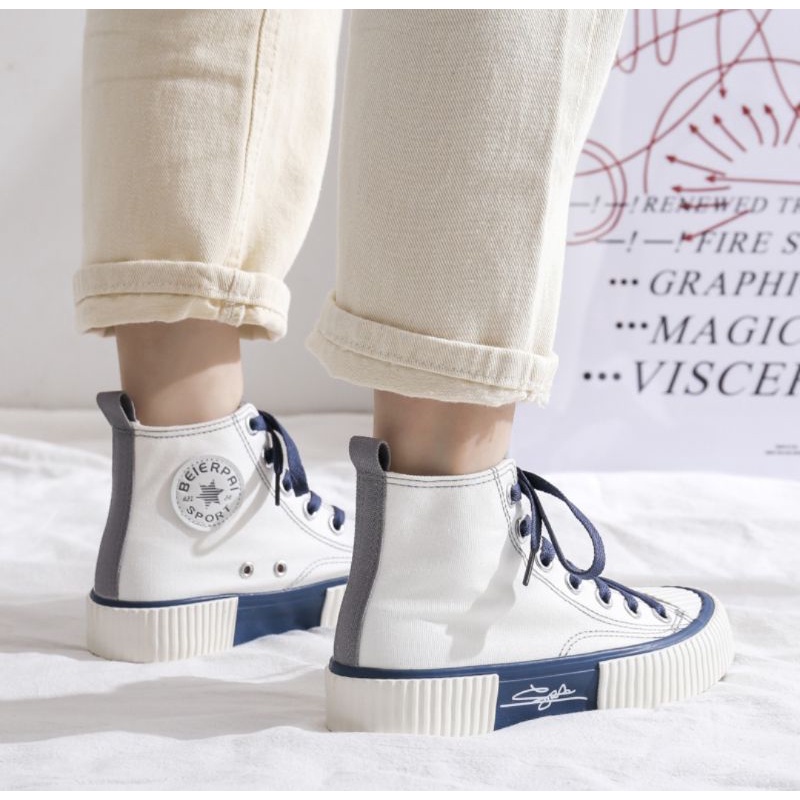 [ PAKAI DUS SEPATU ] IDEALIFESHOES Sepatu Wanita canvas Sneakers Abg Putih Biru Garis Import Korea High Top Kanvas import  KY-03