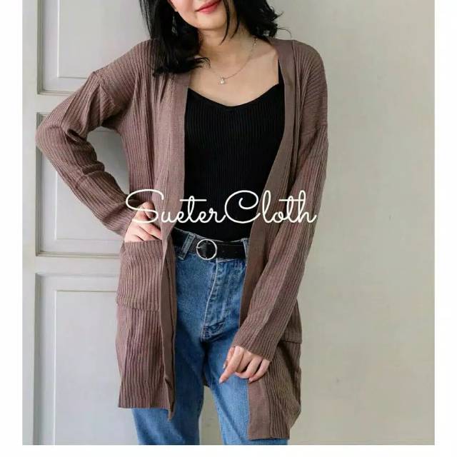 Long Cardigan kardigan oversize rajut halus dengan kantong