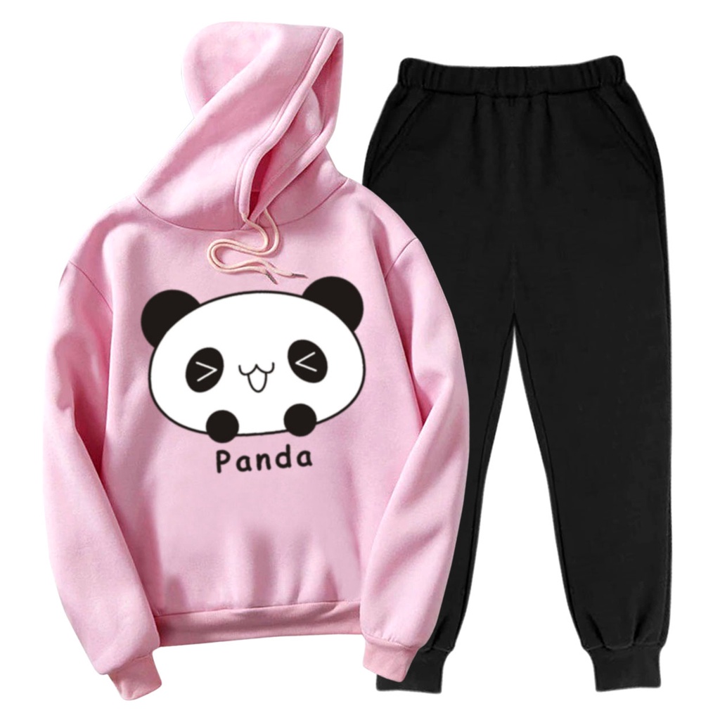 BESS - Setelan Hoodie Wanita Murah / Setelan Hoodie + Jogger Hitam - PANDA CUTE