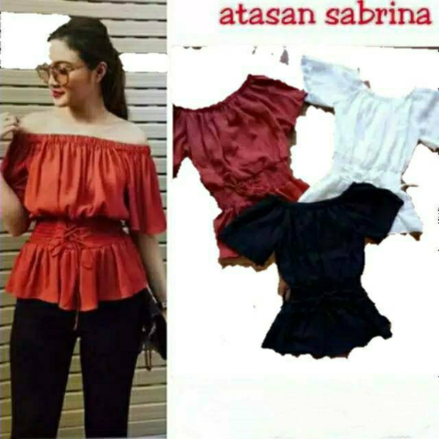 Blouse sabrina lengan pendek tali pinggang