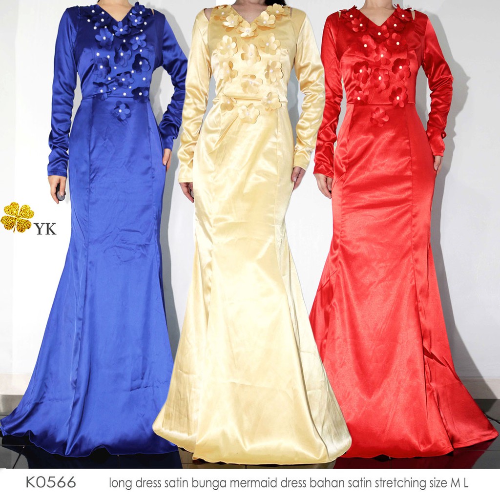 YKlongdress 0566 long dress mermaid satin stretching lengan panjang