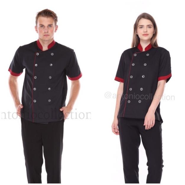 Baju Koki Chef Hitam Dove List Merah Maroon