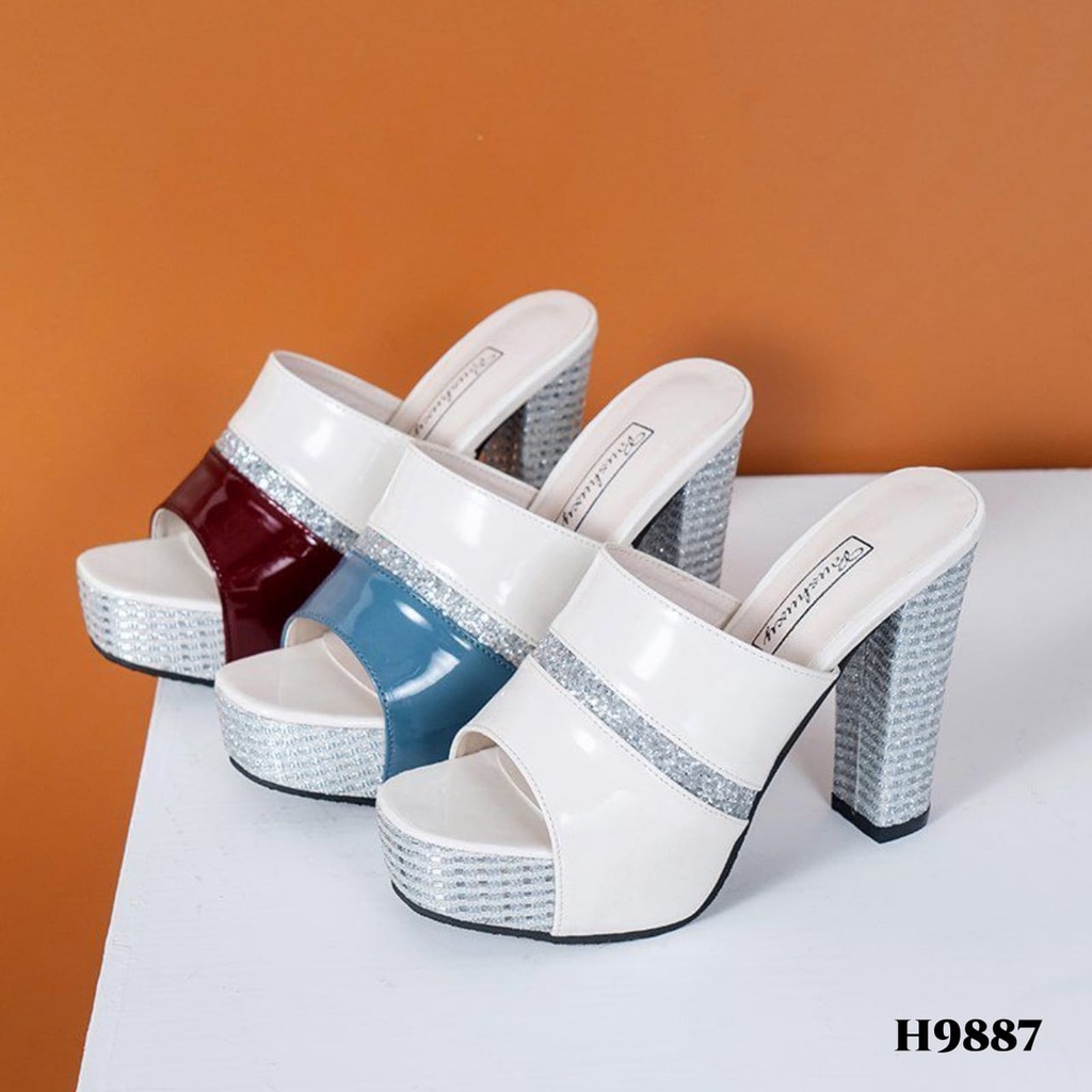 PRF High Heels Gliters Chunky Platform Mules Fashion Korea H9887