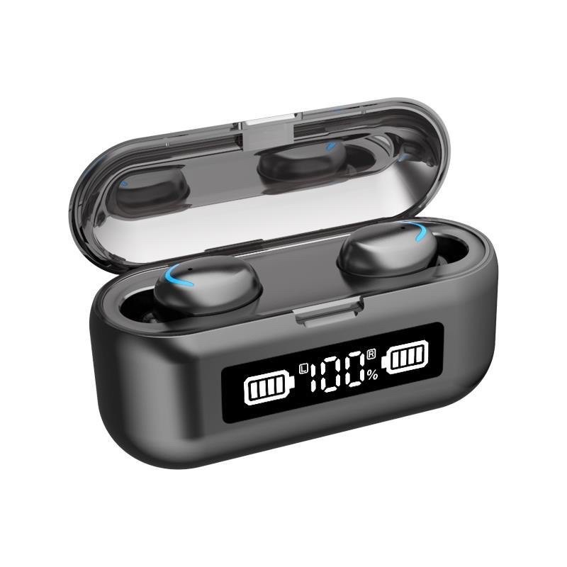 Q32 / F9 LED TWS Bluetooth Headset EDR Wireless Stereo Earbuds With Powerbank For IOS dan Android-F9-04 BLACK TOUCH