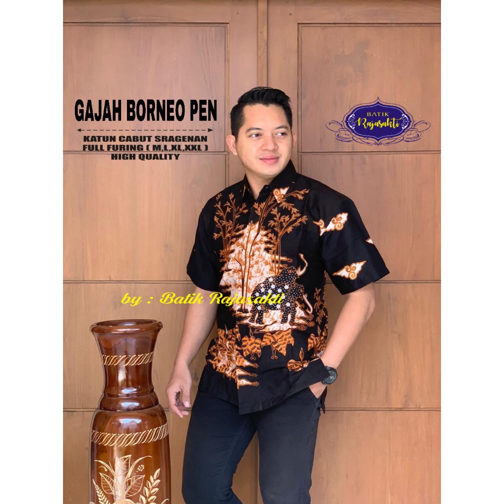 GAJAH BORNEO PEN Kemeja Batik Pria Lengan Pendek Katun Halus FULL FURING Rajasakti