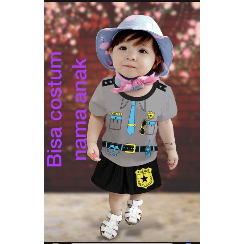 costum nama / CUSTOM NAMA anak setelan rok karakter polisi 6-12 bulan pakai real pict