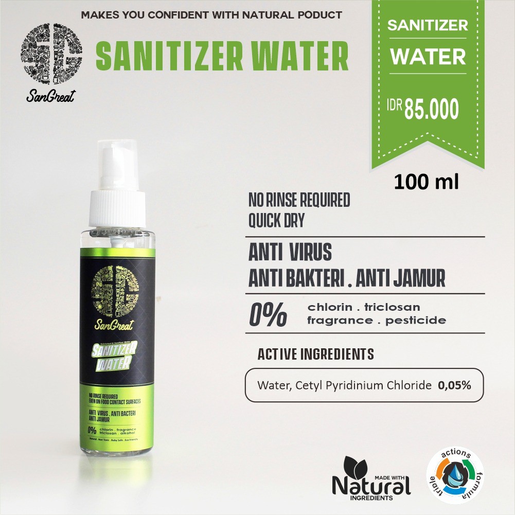 Sanitizer Water Antiseptic Water Non Alkohol dari SanGreat untuk semua jenis permukaan 100 ml