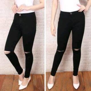 Celana Jeans Pensil Skinny Sobek Wanita Warna Hitam Celana Jeans Pensil Skinny Sobek Wanita Warna Hitam