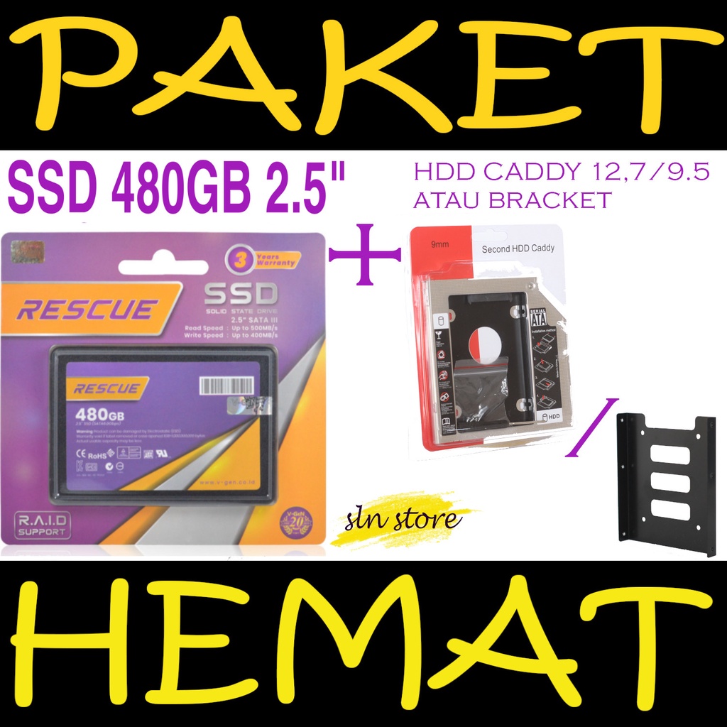 PAKET HEMAT SSD 480GB V-GeN RESCUE + HDD CADDY 9.5mm / 12.7mm SATA III 2.5&quot; VGEN 512GB