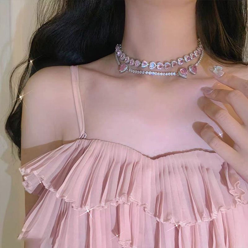 Kalung Rantai Dengan Liontin Hati Warna Pink Aksen Batu Zircon Untuk Wanita