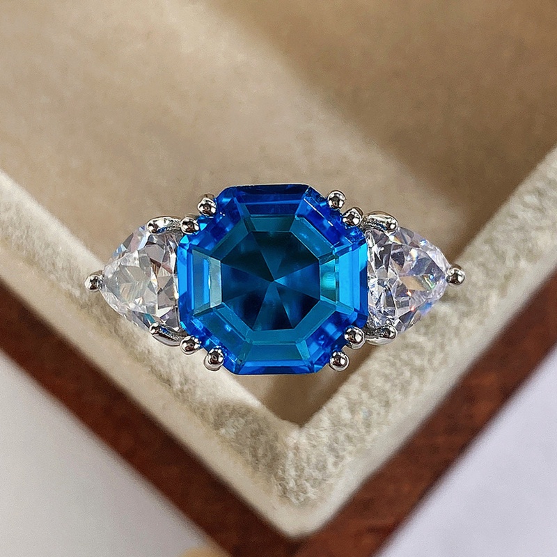 Cincin Cubic Zirconia Warna Biru Putih Untuk Wanita