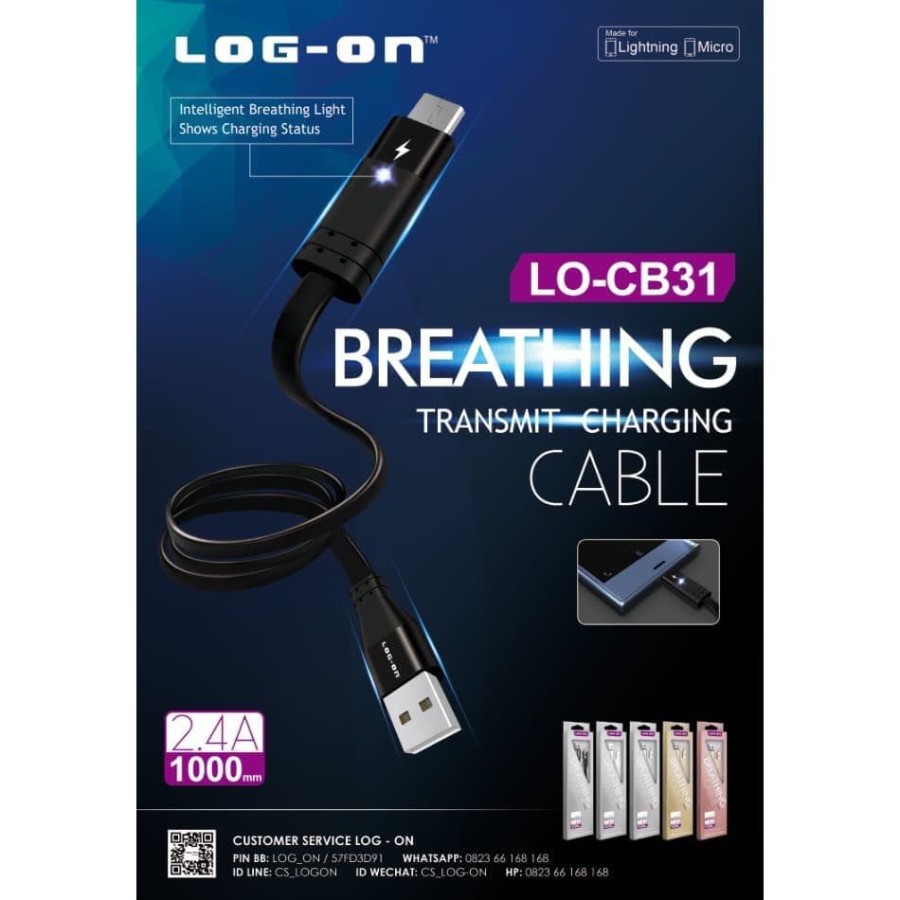 KABEL DATA LOG ON BREATHING LAMPU MICRO 2.4A - KABEL CHARGER LOG ON LO-CB31