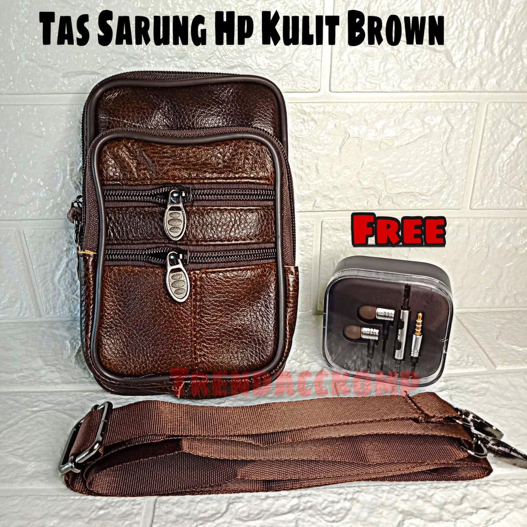 Trend-Tas Pria Tas Hp Kulit Selempang Sarung Hp Kulit FREE Earphone