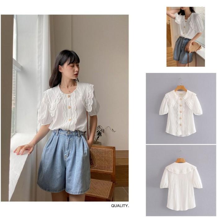 ATASAN WANITA KOREA BLOUSE WANITA MODEL KERAH VINTAGE PUTIH MUTIARA
