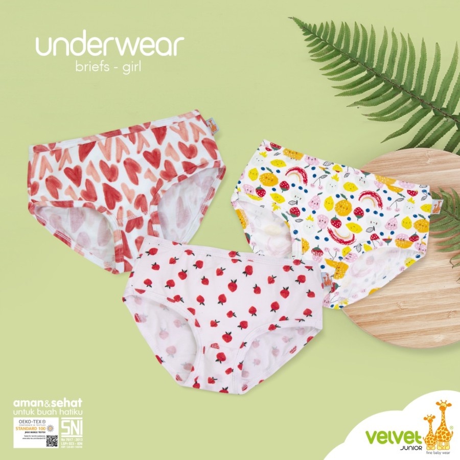 Velvet Junior Girl Underwear Brief Print Tropical 3pcs Celana Dalam Anak Perempuan
