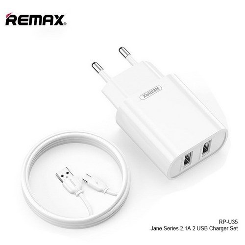 ITSTORE TRAVEL CHARGER REMAX DUAL USB 2 PORT + KABEL MIKRO USB 1M 1METER RP-U35 RP U35 5V 2.1A