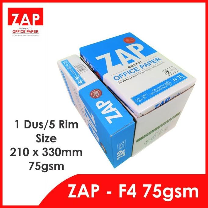 

Kertas F4 HVS 75 Gram ZAP - 1 Dus/5 Rim/2.500 Lmbr - Print Faster KERTAS FOLIO