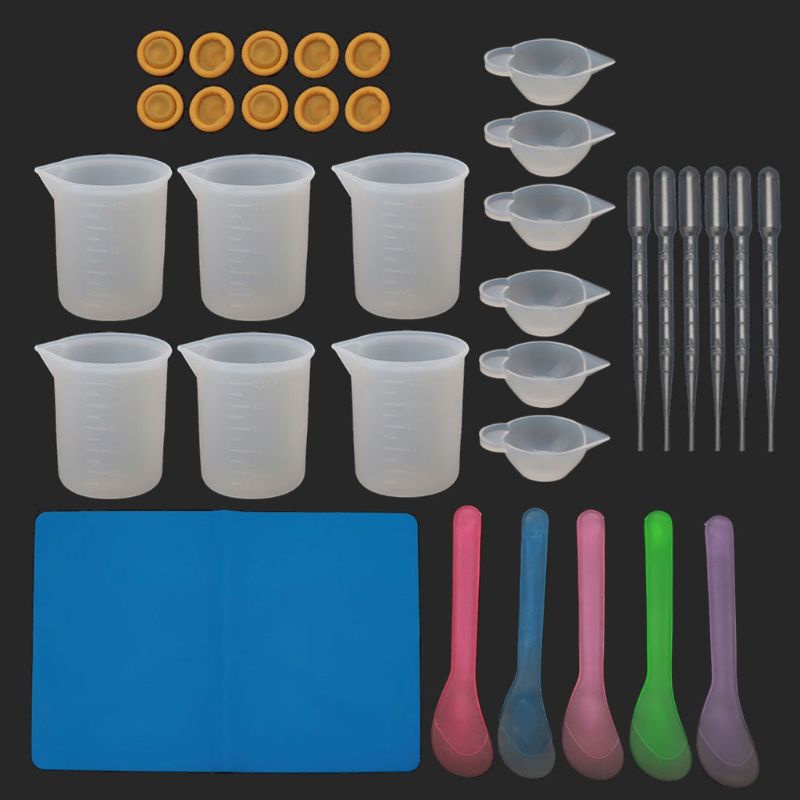 SIY  34Pc Reusable Silicone Resin Kit Nonstick Silicone Mat 100ml Measuring Cups Finger Cots Resin Mix Cup Stir Stick Pipette