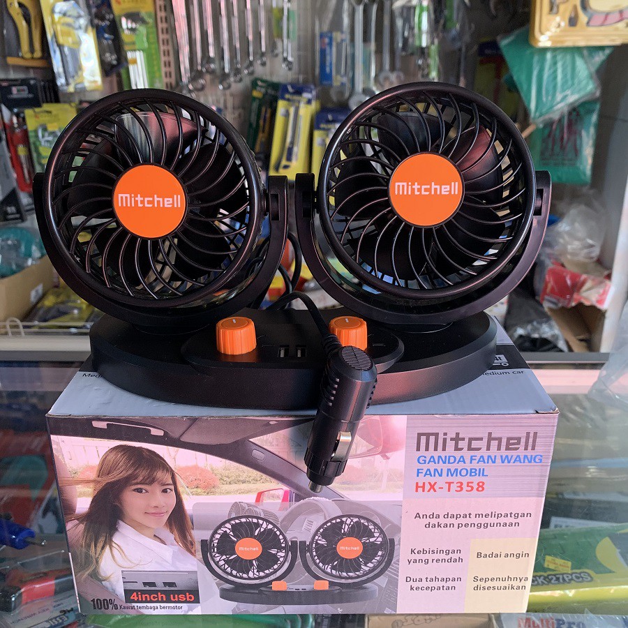 Kipas Angin Mobil Truk 24V 24 Volt Mitchell Dual Fan 2 USB 2A Swing Kipas Mobil Double Fan