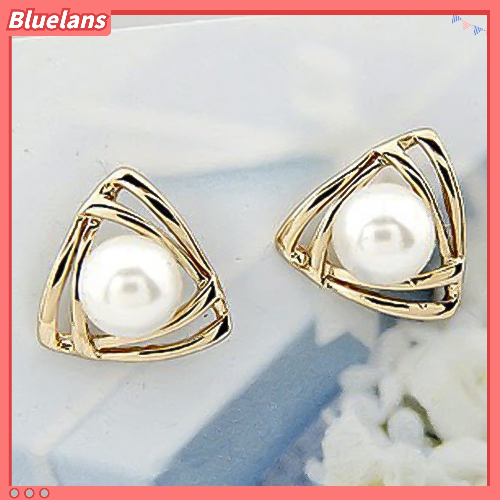 Bluelans Women Faux Pearl Inlaid Double Triangle Crossover Ear Stud Earrings Jewelry Gift