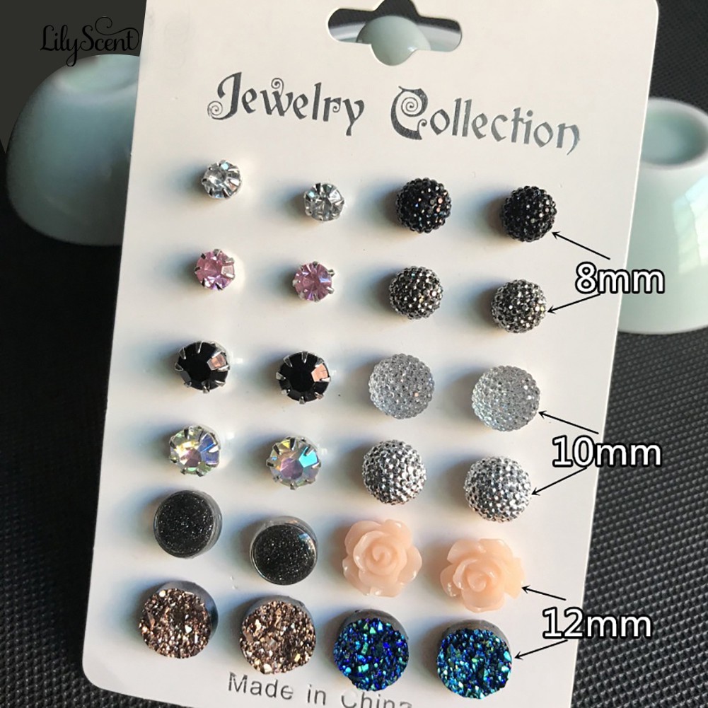 12 Pasang / Set Anting Tusuk Berlian Imitasi Bentuk Bunga Lily