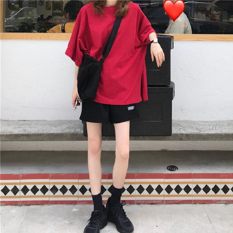 #Sisjuly# Fashion Wanita Leher Bulat Warna Solid Hem Split Lengan Pendek T-shirt Wanita Musim Panas