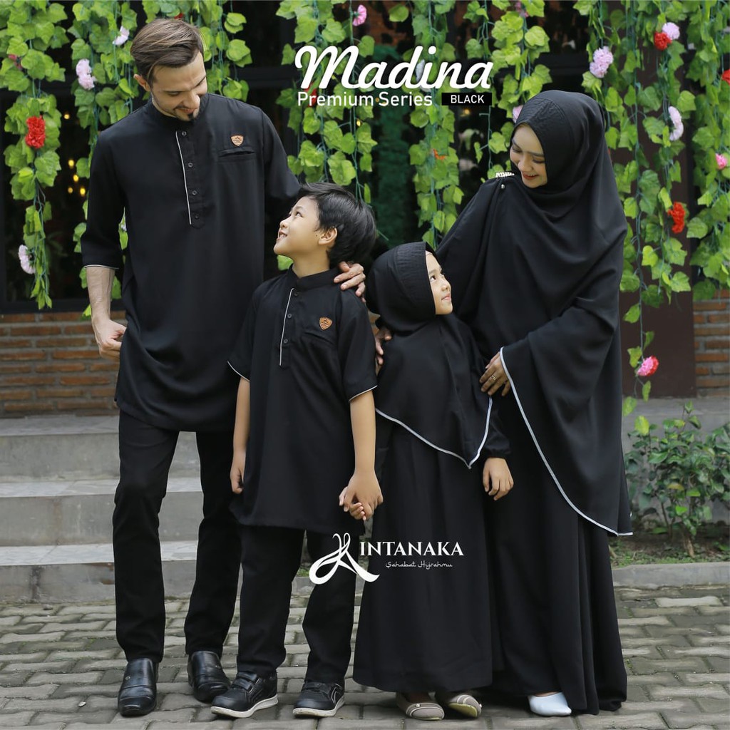 Gamis Sarimbit Keluarga Couple Ayah Ibu Anak set Syari Polos Khimar Niqab Jilbab Koko Madina Hitam I