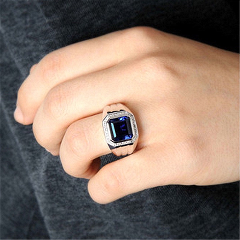 Cincin Pria Perak Royal Blue Safir Cubic Zirconia Safir Biru Elegan Minimalis Kantoran