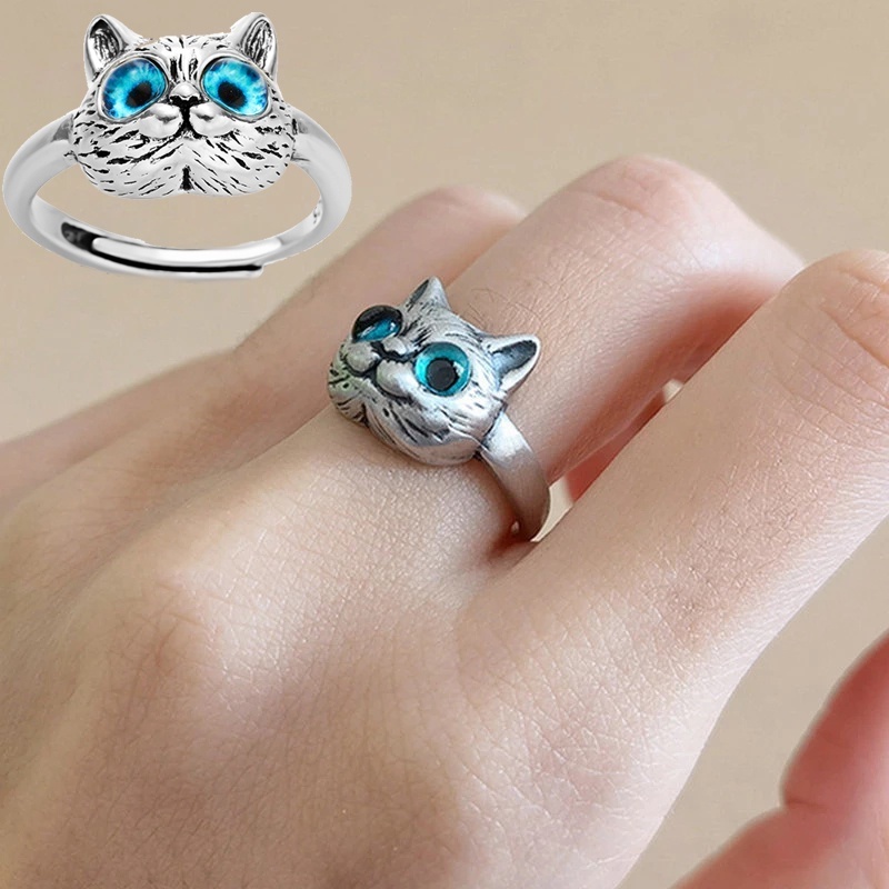 Cincin Bentuk Kucing Mata Biru Gaya Vintage Adjustable Untuk Unisex