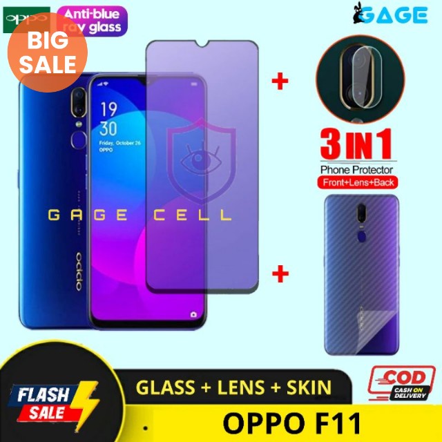 PROMO 3 IN 1 TEMPERED GLASS ANTI RADIASI BLUE LIGHT OPPO F11 TG ANTIGORES FULL LAYAR GUARD