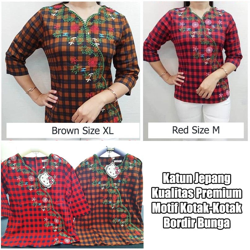 Blouse Katun Jepang Motif Kotak Bordir Bunga
