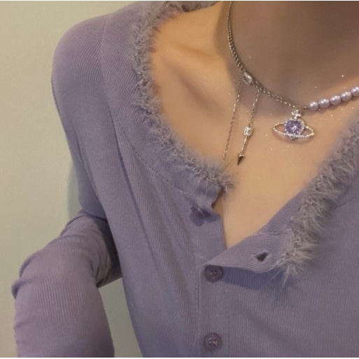 Zircon Planet Purple Pearl Necklace Accessories Light Luxury Clavicle Chain Retro