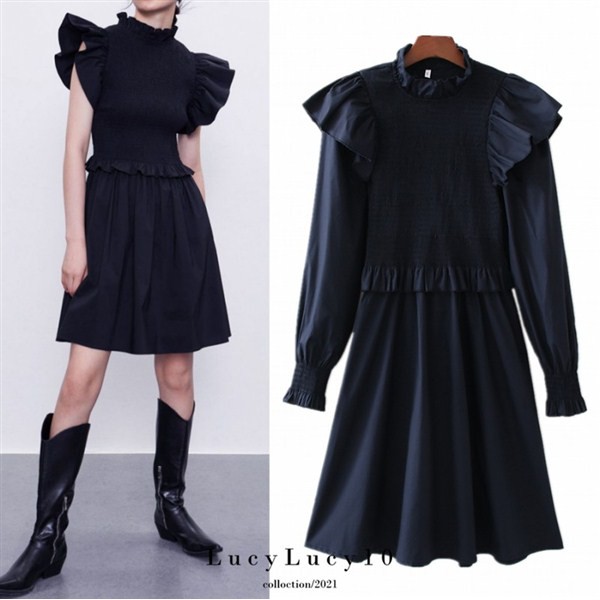 32239-32324 Dress Hitam Polos Korean Style Lengan Panjang