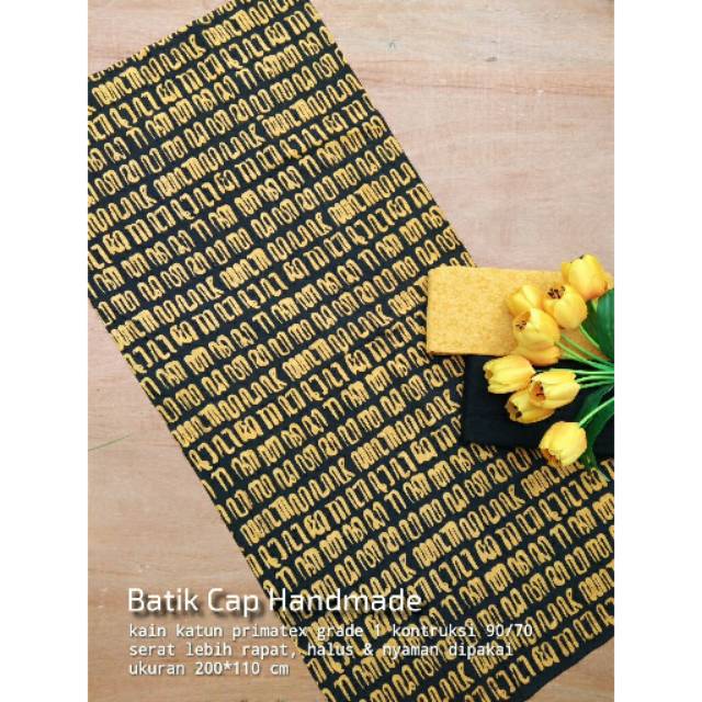 kain batik cap original pekalongan monokrom hitam kuning hanacaraka aksara jawa