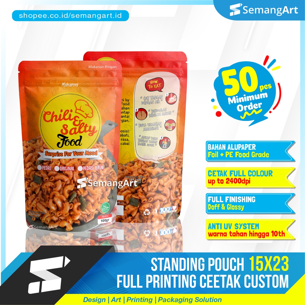 Kemasan Standing Pouch Full Printing 15x23 Dengan Zipper Ziplock Makanan Desain Custom