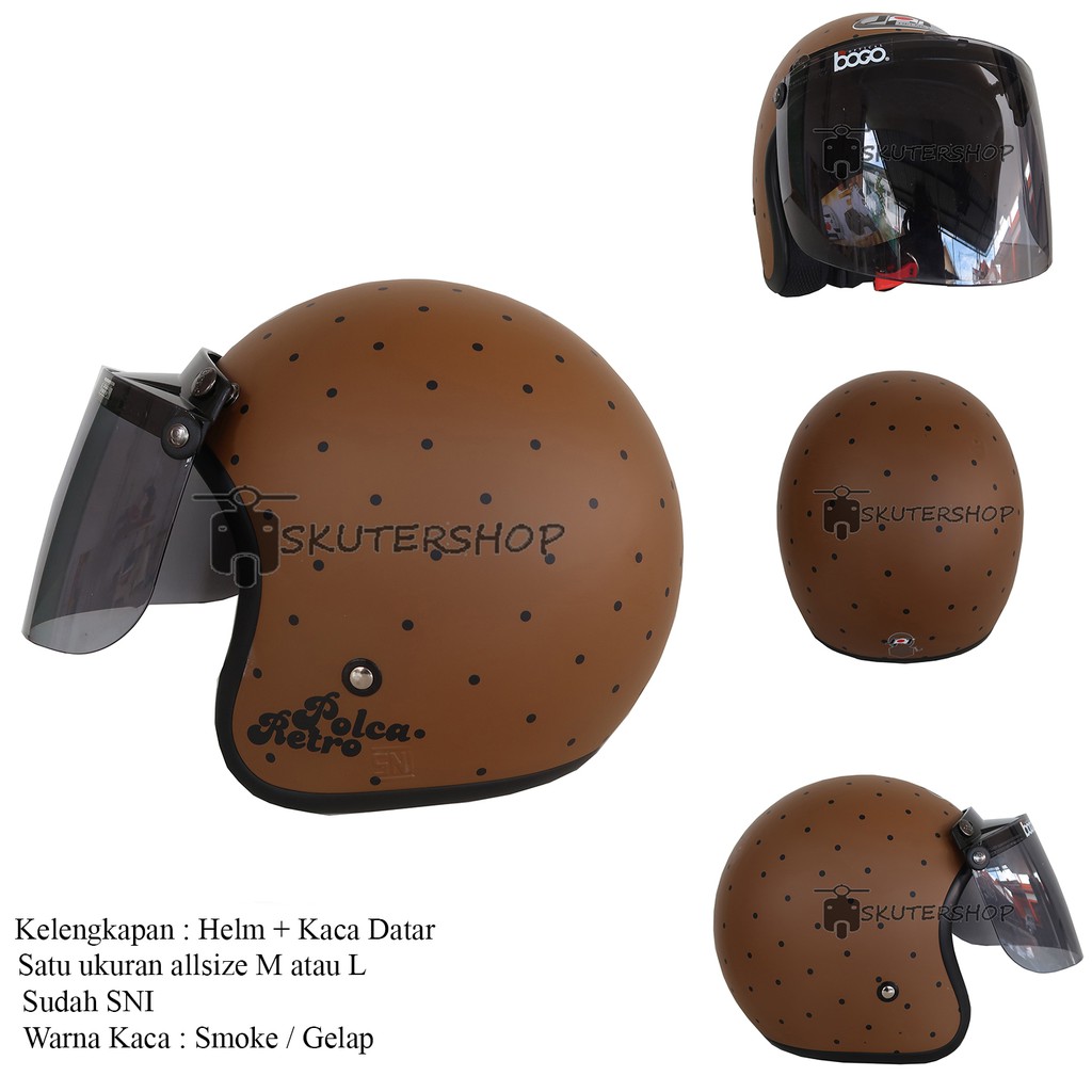 Andriawanhs JPN Helm Bogo Retro Klasik Polkadot Polca Retro Coklat Doff Dot Hitam Kaca Datar Ori